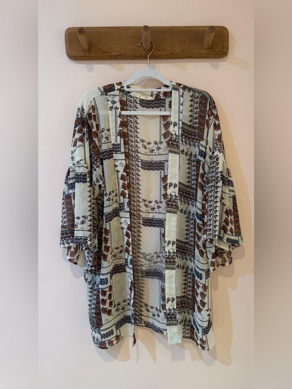 Boho Open-Front Floral Patchwork Kimono - White, Navy & Brown - L